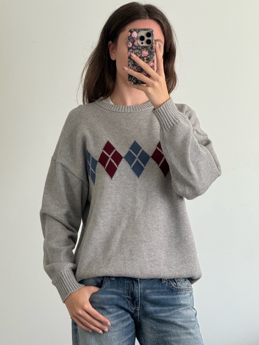 Aritzia Sunday Best Grey Argyle Crewneck Sweater